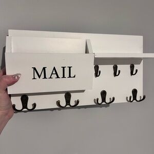 White Wall Mounted Mail Organizer with Hooks